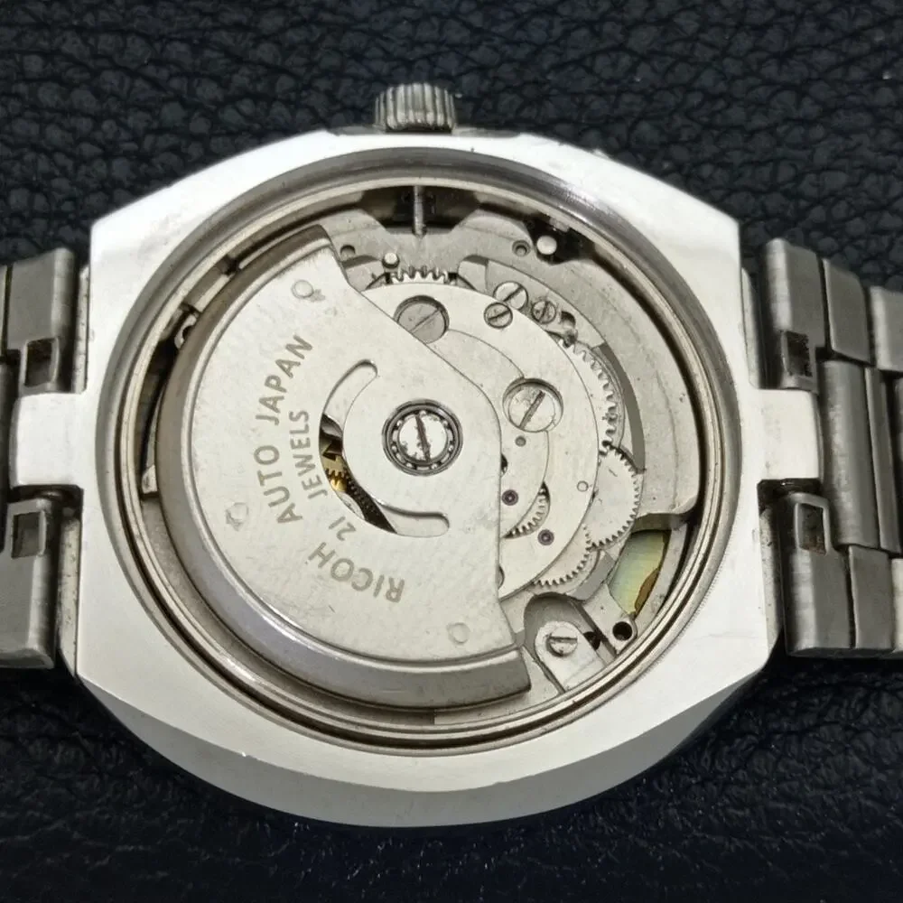 Vintage 1980 Ricoh Automatic Mens Silver Watch W/daydate & Red accents